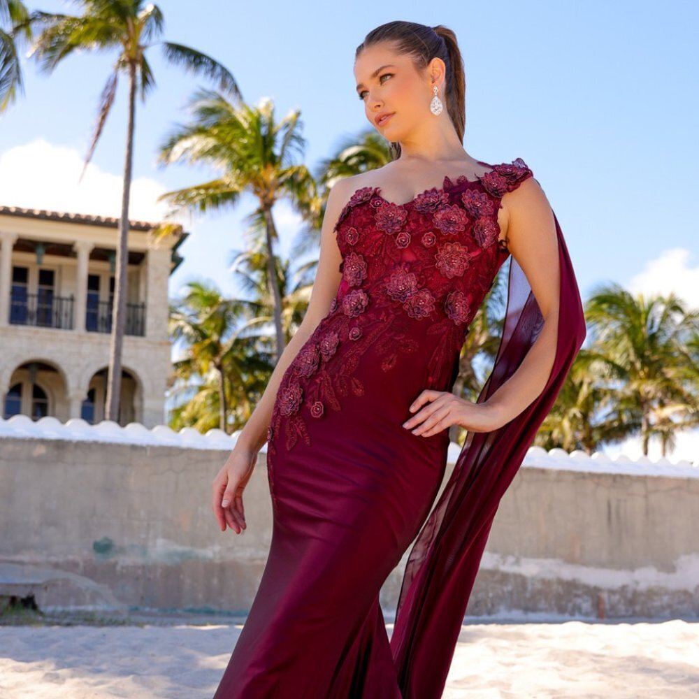 NEW LONG ONE SHOULDER EMBROIDERED GOWN WITH ZIPPER BACK & SHOULDER CAPE 388